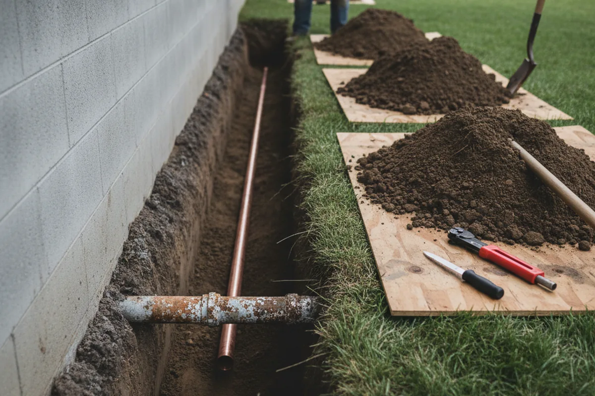 Excavated water line trench during Water Softener Installation in Milan
